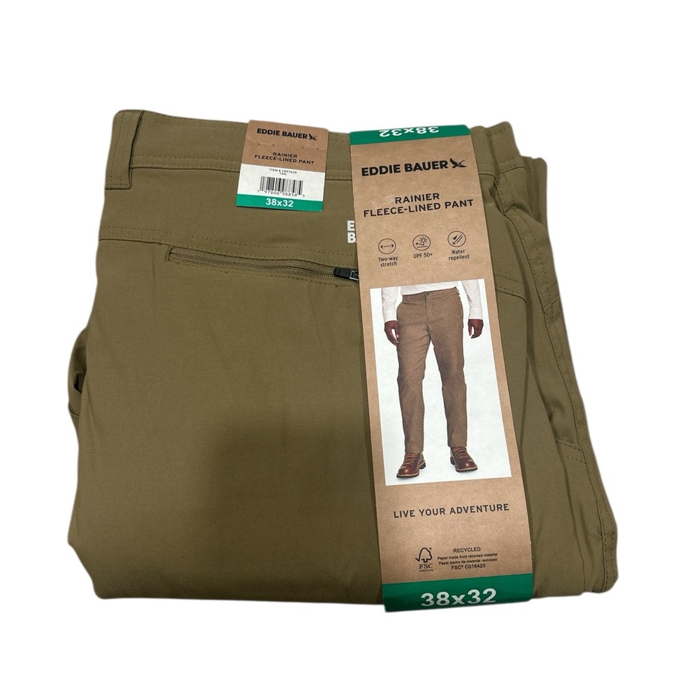 Eddie Bauer Rainier Fleece Lined Pants Mens 38x32 Tan Water Repellent UPF 50+